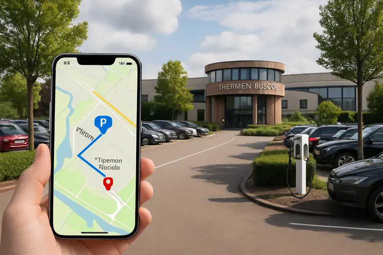 Parkeren, ingangen en laadpalen bij Thermen bussloo